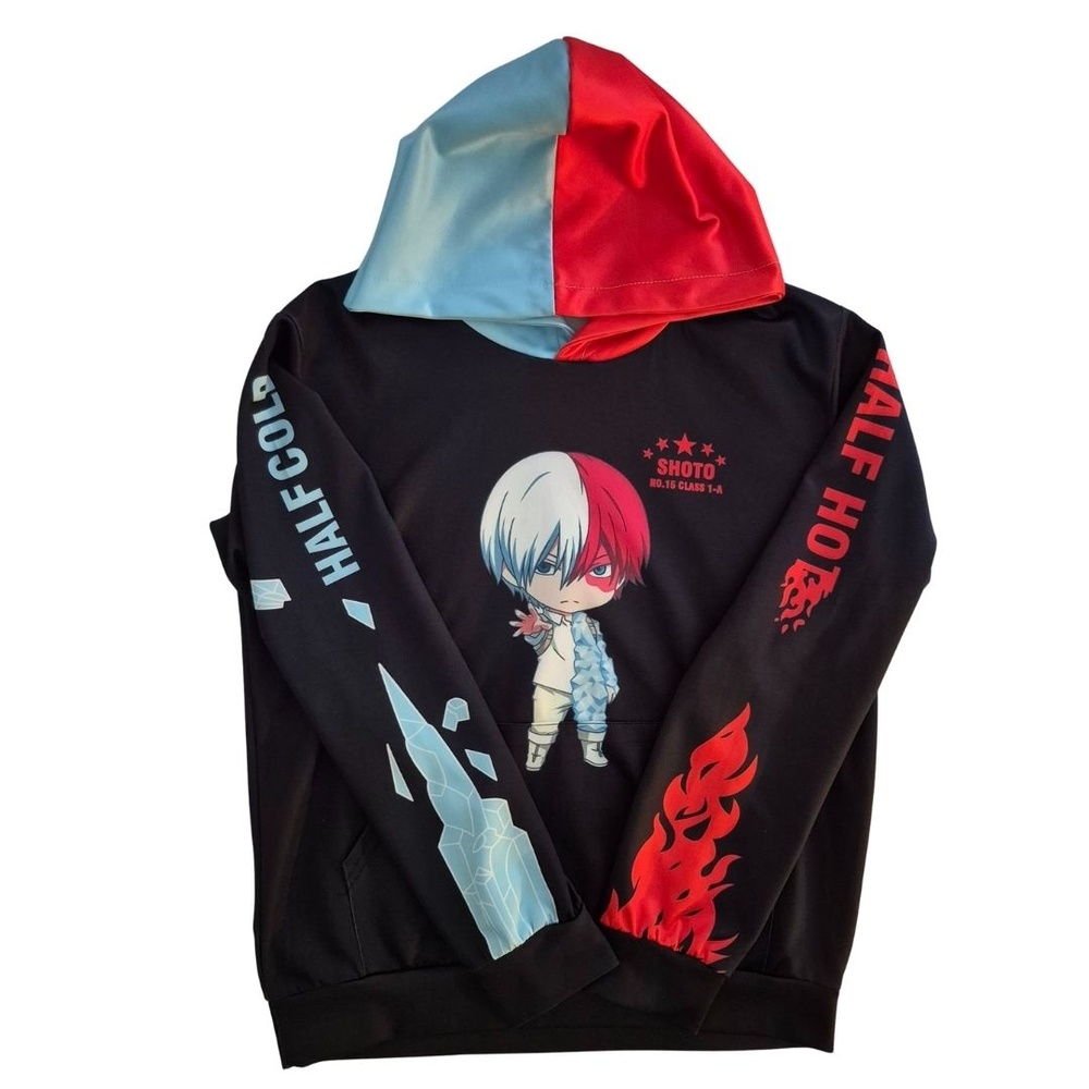 My Hero Academia Hoodie Black Red Blue Graphic Pullover Todoroki Unisex Small